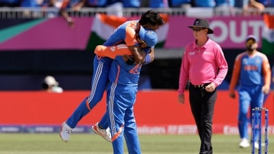 India's Hardik Pandya celebrates with captain Rohit Sharma after the dismissal of Pakistan's Shadab Khan. (AP) India's Hardik Pandya celebrates with captain Rohit Sharma after the dismissal of Pakistan's Shadab Khan. (AP)