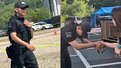 BTS' V surprises fans with his new look and gentlemanly behavior at a festival in Chuncheon, where he greeted a senior artist. (Pic credit: luv270 IG) BTS' V surprises fans with his new look and gentlemanly behavior at a festival in Chuncheon, where he greeted a senior artist. (Pic credit: luv270 IG)
