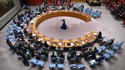 An overall view as the UN Security Council holds a meeting on the situation in the Middle East at UN headquarters on June 10, 2024 in New York. The United Nations Security Council on Monday adopted a US-drafted resolution supporting a ceasefire plan in Gaza, as Washington leads an intense diplomatic campaign to push Hamas to accept the proposal. The text -- passed with 14 votes in favor and Russia abstaining -- "welcomes" the truce and hostage release proposal announced on May 31 by President Joe Biden, and urges "parties to fully implement its terms without delay and without condition." (Photo by ANGELA WEISS / AFP) (AFP) An overall view as the UN Security Council holds a meeting on the situation in the Middle East at UN headquarters on June 10, 2024 in New York. The United Nations Security Council on Monday adopted a US-drafted resolution supporting a ceasefire plan in Gaza, as Washington leads an intense diplomatic campaign to push Hamas to accept the proposal. The text -- passed with 14 votes in favor and Russia abstaining -- "welcomes" the truce and hostage release proposal announced on May 31 by President Joe Biden, and urges "parties to fully implement its terms without delay and without condition." (Photo by ANGELA WEISS / AFP) (AFP)