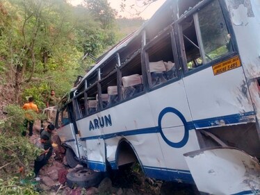 Reasi: The bus after it plunged into a gorge following an ambush by terrorists. (PTI) Reasi: The bus after it plunged into a gorge following an ambush by terrorists. (PTI)
