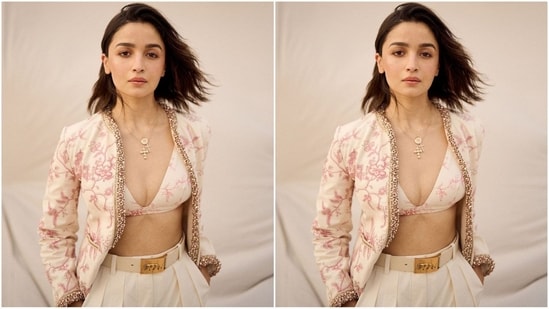 Assisted by celebrity fashion stylist Priyanka Kapadia Badani, Alia styled her stunning look with a multi-layered golden chain necklace featuring quirky pendants and white high heels, perfectly complementing her ensemble.(Instagram/@aliaabhatt)