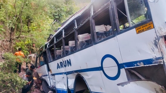 Reasi: The damaged bus after it plunged into a gorge following an alleged attack by suspected terrorists, in Reasi district of Jammu and Kashmir. (PTI)