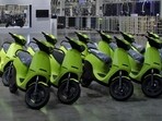 Ola Electric's S1 Air e-scooters are pictured inside its manufacturing facility in Pochampalli in the southern state of Tamil Nadu