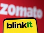 Blinkit and Zomato logos are seen in this illustration. Blinkit is currently the number one player in quick delivery space followed by Swiggy Instamart and Zepto.