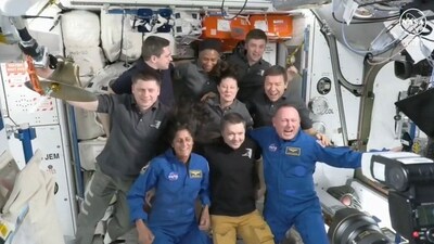 This screengrab from NASA shows astronaut Suni Williams (seated L) and Butch Wilmore (seated R) posing with the crew of the International Space Station (ISS) after the docking of the Boeing Starliner on June 6, 2024. (AFP) This screengrab from NASA shows astronaut Suni Williams (seated L) and Butch Wilmore (seated R) posing with the crew of the International Space Station (ISS) after the docking of the Boeing Starliner on June 6, 2024. (AFP)