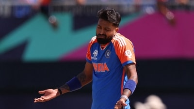 Hardik Pandya of India reacts during the ICC Men's T20 Cricket World Cup West Indies & USA 2024 match between India and Pakistan. (Getty Images via AFP) Hardik Pandya of India reacts during the ICC Men's T20 Cricket World Cup West Indies & USA 2024 match between India and Pakistan. (Getty Images via AFP)