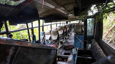 The bus carrying the Hindu pilgrims ambushed by gunmen in Kashmir, is pictured in Reasi on June 10, 2024. Soldiers in India-administered Kashmir carried out a large-scale manhunt on June 10, the government said, a day after nine Hindu pilgrims were killed in one of the deadliest recent attacks on civilians, around an hour before Hindu-nationalist Prime Minister Narendra Modi was sworn in for a third term in the capital New Delhi on June 9 evening. (Photo by AFP) (AFP)