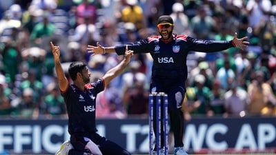 United States' Saurabh Nethralvakar, left, and Harmeet Singh celebrate after their win in the ICC Men's T20 World Cup cricket match against Pakistan at the Grand Prairie Stadium in Grand Prairie, Texas, Thursday (PTI) United States' Saurabh Nethralvakar, left, and Harmeet Singh celebrate after their win in the ICC Men's T20 World Cup cricket match against Pakistan at the Grand Prairie Stadium in Grand Prairie, Texas, Thursday (PTI)
