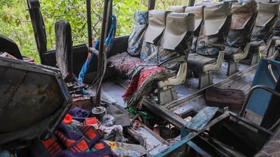 The damaged interior of the bus carrying pilgrims that was ambushed by terrorists, in Reasi district of Jammu and Kashmir, (PTI) The damaged interior of the bus carrying pilgrims that was ambushed by terrorists, in Reasi district of Jammu and Kashmir, (PTI)