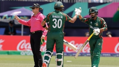 Bangladesh's Tawhid Hridoy, right, celebrates with batting partner Mahmudullah Riyad (AP) Bangladesh's Tawhid Hridoy, right, celebrates with batting partner Mahmudullah Riyad (AP)