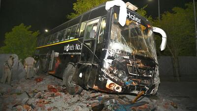 The bus also crashed into the boundary wall of a society in Noida. (Sunil Ghosh/ Hindustan Times) The bus also crashed into the boundary wall of a society in Noida. (Sunil Ghosh/ Hindustan Times)