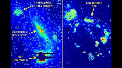 The optical image of the gamma-ray emitting collisional ring galaxy system, ‘Kathryn′s Wheel’. (Right): Glowing hydrogen gas characteristic of star-forming regions is seen in the H-alpha band image of the same region, highlighting the ring of star formation. The dotted ellipse is added to guide the eye. (HT PHOTO) The optical image of the gamma-ray emitting collisional ring galaxy system, ‘Kathryn′s Wheel’. (Right): Glowing hydrogen gas characteristic of star-forming regions is seen in the H-alpha band image of the same region, highlighting the ring of star formation. The dotted ellipse is added to guide the eye. (HT PHOTO)