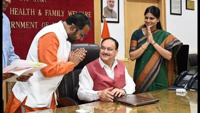Union minister Nadda taking charge. (HT PHOTO) Union minister Nadda taking charge. (HT PHOTO)