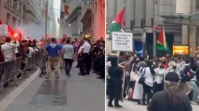 Anti-Israel protesters light flares and chant ‘Long Live the Intifada' outside NYC exhibit for Oct 7 victims (@AvivaKlompas/X, @abbaleh/X) Anti-Israel protesters light flares and chant ‘Long Live the Intifada' outside NYC exhibit for Oct 7 victims (@AvivaKlompas/X, @abbaleh/X)