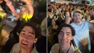 Joe Jonas, Kylie Minogue, and Luke Evans at a Coldplay concert in Greece Joe Jonas, Kylie Minogue, and Luke Evans at a Coldplay concert in Greece