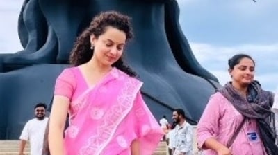 Kangana took to her Instagram Stories to share a few pictures from her visit at Isha Foundation's centre. She wore a light pink sari with a white border and motifs and paired it with white earrings during her visit to the ashram. Kangana took to her Instagram Stories to share a few pictures from her visit at Isha Foundation's centre. She wore a light pink sari with a white border and motifs and paired it with white earrings during her visit to the ashram.