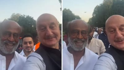 Rajinikanth was seen smiling as Anupam Kher called him 'God's gift to mankind.' Rajinikanth was seen smiling as Anupam Kher called him 'God's gift to mankind.'
