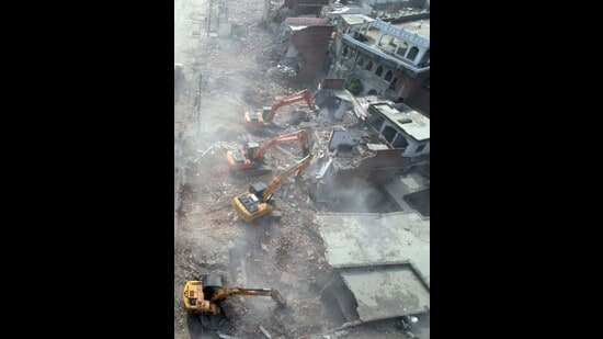 An aerial view of the demolition drive (Deepak Gupta/HT )