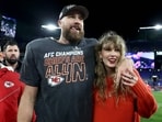 Travis Kelce #87 of the Kansas City Chiefs celebrates with Taylor Swift after a 17-10 victory against the Baltimore Ravens in the AFC Championship Game at M&T Bank Stadium on January 28, 2024 in Baltimore, Maryland. (Photo by Patrick Smith / GETTY IMAGES NORTH AMERICA / Getty Images via AFP)