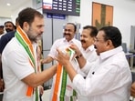 Kozhikode: Congress leader Rahul Gandhi being welcomed by party leader Ramesh Chennithala. Kozhikode: Congress leader Rahul Gandhi being welcomed by party leader Ramesh Chennithala.
