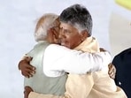 Prime Minister Narendra Modi greets Nara Chandrababu Naidu after he was sworn-in as the chief minister of Andhra Pradesh at a ceremony in Vijayawada, on Wednesday. Prime Minister Narendra Modi greets Nara Chandrababu Naidu after he was sworn-in as the chief minister of Andhra Pradesh at a ceremony in Vijayawada, on Wednesday.