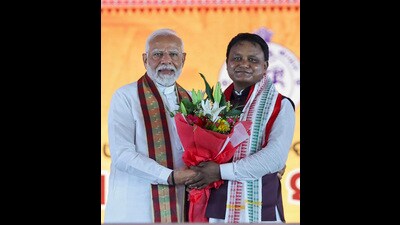 **EDS: IMAGE VIA PMO** Bhubaneswar: Prime Minister Narendra Modi with Odisha Chief Minister-designate Mohan Charan Majhi during the latter's swearing-in ceremony, in Bhubaneswar, Wednesday, June 12, 2024. (PTI Photo)(PTI06_12_2024_000279B) (PTI) **EDS: IMAGE VIA PMO** Bhubaneswar: Prime Minister Narendra Modi with Odisha Chief Minister-designate Mohan Charan Majhi during the latter's swearing-in ceremony, in Bhubaneswar, Wednesday, June 12, 2024. (PTI Photo)(PTI06_12_2024_000279B) (PTI)