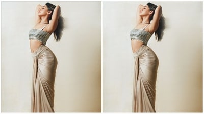 Her outfit, sourced from the shelves of Indian designer label Prerna Mehra, features a silver embellished bralette top. She paired it with a copper draped maxi skirt, adding a touch of drama to her look. (Instagram/@alayaf) Her outfit, sourced from the shelves of Indian designer label Prerna Mehra, features a silver embellished bralette top. She paired it with a copper draped maxi skirt, adding a touch of drama to her look. (Instagram/@alayaf)
