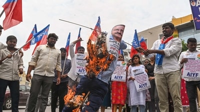 The All India Students' Federation (AISF) members staged a protest against the alleged irregularities in the NEET-UG examination, in Hyderabad on Monday. (ANI Photo) (Tharun Vinny ) The All India Students' Federation (AISF) members staged a protest against the alleged irregularities in the NEET-UG examination, in Hyderabad on Monday. (ANI Photo) (Tharun Vinny )