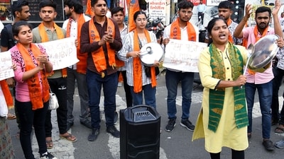 Students under the banner of Akhil Bharatiya Vidyarthi Parishad (ABVP) stage a protest against the alleged NEET-UG results scam seeking a CBI inquiry, in Nagpur on Monday. (ANI Photo) (Chandrakant Paddhane ) Students under the banner of Akhil Bharatiya Vidyarthi Parishad (ABVP) stage a protest against the alleged NEET-UG results scam seeking a CBI inquiry, in Nagpur on Monday. (ANI Photo) (Chandrakant Paddhane )