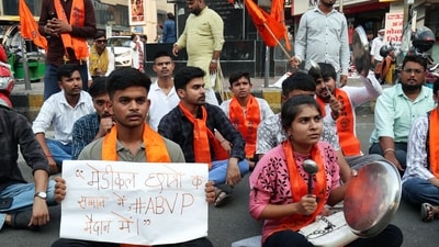 Students under the banner of Akhil Bharatiya Vidyarthi Parishad (ABVP) stage a protest against the alleged NEET-UG results scam seeking a CBI inquiry, in Nagpur on Monday. (snehal sontakke) Students under the banner of Akhil Bharatiya Vidyarthi Parishad (ABVP) stage a protest against the alleged NEET-UG results scam seeking a CBI inquiry, in Nagpur on Monday. (snehal sontakke)