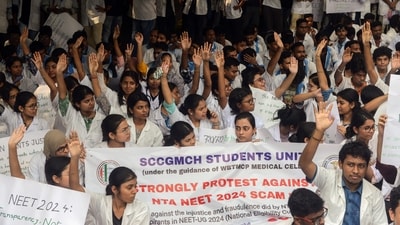 Members of Trinamool Chhatra Parishad (TMCP) staged a protest against the alleged irregularities in the NEET-UG examination results, in Kolkata on Tuesday. (Saikat Paul) Members of Trinamool Chhatra Parishad (TMCP) staged a protest against the alleged irregularities in the NEET-UG examination results, in Kolkata on Tuesday. (Saikat Paul)