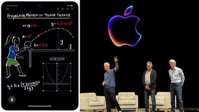 The new Math Notes that instantly solves calculations, and (right) Apple CEO Tim Cook with Craig Federighi and John Giannandrea, for a select media session in Cupertino (Vishal Mathur / HT Photo) The new Math Notes that instantly solves calculations, and (right) Apple CEO Tim Cook with Craig Federighi and John Giannandrea, for a select media session in Cupertino (Vishal Mathur / HT Photo)