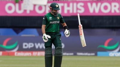 Pakistan's captain Babar Azam throws his bat after losing his wicket during the ICC Men's T20 World Cup cricket match against Canada, (PTI) Pakistan's captain Babar Azam throws his bat after losing his wicket during the ICC Men's T20 World Cup cricket match against Canada, (PTI)