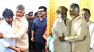 AP CM Chandrababu Naidu with Chiranjeevi, Ram Charan and Rajinikanth. AP CM Chandrababu Naidu with Chiranjeevi, Ram Charan and Rajinikanth.