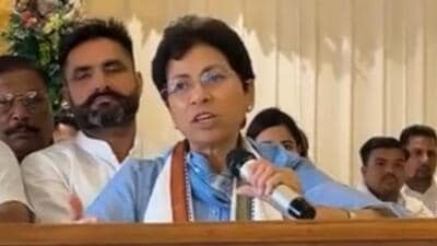 Congress general secretary and Sirsa MP Kumari Selja addressing party workers in Ambala on Wednesday. (HT Photo)