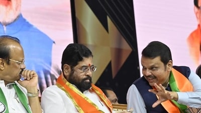 Mumbai, India - Sept. 1, 2023: Dy CM Ajit Pawar, CM Eknath Shinde and Dy CM Devendra Fadnavis, during "Mahayuti" alliance meeting at NSCI, Worli, in Mumbai, India, on Friday, September 1, 2023. (Photo by Anshuman Poyrekar/ Hindustan Times) (Hindustan Times) Mumbai, India - Sept. 1, 2023: Dy CM Ajit Pawar, CM Eknath Shinde and Dy CM Devendra Fadnavis, during "Mahayuti" alliance meeting at NSCI, Worli, in Mumbai, India, on Friday, September 1, 2023. (Photo by Anshuman Poyrekar/ Hindustan Times) (Hindustan Times)