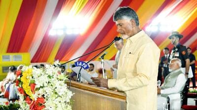 N. Chandrababu Naidu takes oath as Andhra Pradesh chief minister oath, in Vijayawada, on Wednesday. (PTI) N. Chandrababu Naidu takes oath as Andhra Pradesh chief minister oath, in Vijayawada, on Wednesday. (PTI)