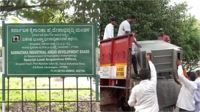 Officials and farmers seize the office furniture of KIADB in Davangere. (HT)