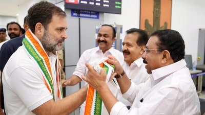 Kozhikode: Congress leader Rahul Gandhi being welcomed by party leader Ramesh Chennithala. (PTI file photo) Kozhikode: Congress leader Rahul Gandhi being welcomed by party leader Ramesh Chennithala. (PTI file photo)