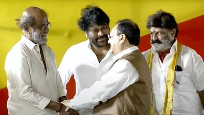 Union Minister J P Nadda with Superstar Rajinikanth, K Chiranjeevi and Nandamuri Balakrishna during the swearing-in ceremony in Andhra Pradesh. (PTI) Union Minister J P Nadda with Superstar Rajinikanth, K Chiranjeevi and Nandamuri Balakrishna during the swearing-in ceremony in Andhra Pradesh. (PTI)