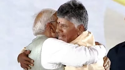 Prime Minister Narendra Modi greets Nara Chandrababu Naidu after he was sworn-in as the chief minister of Andhra Pradesh at a ceremony in Vijayawada, on Wednesday. (PTI) Prime Minister Narendra Modi greets Nara Chandrababu Naidu after he was sworn-in as the chief minister of Andhra Pradesh at a ceremony in Vijayawada, on Wednesday. (PTI)