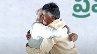 Prime Minister Narendra Modi greets Nara Chandrababu Naidu after he was sworn-in as the Chief Minister. (PTI) Prime Minister Narendra Modi greets Nara Chandrababu Naidu after he was sworn-in as the Chief Minister. (PTI)