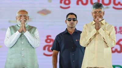 **EDS: IMAGE VIA PMO** Amaravati: Prime Minister Narendra Modi with TDP supremo and Andhra Pradesh Chief Minister-designate N Chandrababu Naidu at the latter's swearing-in ceremony, in Amaravati, Wednesday, June 12, 2024. (PTI Photo) (PTI06_12_2024_000167B) (PTI) **EDS: IMAGE VIA PMO** Amaravati: Prime Minister Narendra Modi with TDP supremo and Andhra Pradesh Chief Minister-designate N Chandrababu Naidu at the latter's swearing-in ceremony, in Amaravati, Wednesday, June 12, 2024. (PTI Photo) (PTI06_12_2024_000167B) (PTI)