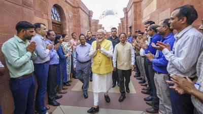 Prime Minister Narendra Modi at South Block in New Delhi on Monday. (PTI Photo) Prime Minister Narendra Modi at South Block in New Delhi on Monday. (PTI Photo)