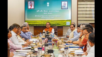 Union Minister of Agriculture, Farmers Welfare and Rural Development Shivraj Singh Chouhan holds a meeting regarding the 100-day action plan of the Ministry of Agriculture and Farmers Welfare, at Krishi Bhavan, in New Delhi. (PTI)