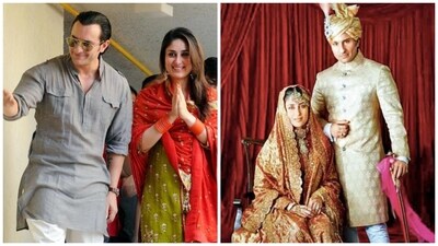 Saif Ali Khan and Kareena Kapoor's picture after their court wedding is now iconic. The couple met the media after signing the dotted line and posed for pictures. She wore an understated green-red suit with beautiful red glass bangles and Saif was his Nawabi self in a grey kurta and pyjama. Later, the couple had a more royal but still so subtle wedding at his palatial home in Pataudi. Kareena even wore the heirloom wedding joda that Saif's grandmother once wore. 