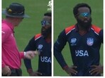 USA's Aaron Jones being informed by the umpire about the 5-run penalty against India