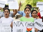 Students protest against the alleged irregularities in NEET UG 2024 results and demand re-examination, in Prayagraj on Saturday. Students protest against the alleged irregularities in NEET UG 2024 results and demand re-examination, in Prayagraj on Saturday.