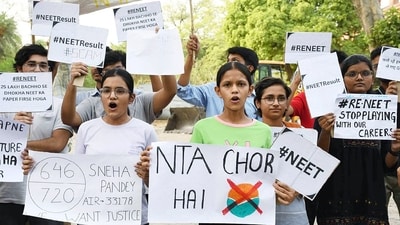 Students protest against the alleged irregularities in NEET UG 2024 results and demand re-examination, in Prayagraj on Saturday. (Nitin Sharma) Students protest against the alleged irregularities in NEET UG 2024 results and demand re-examination, in Prayagraj on Saturday. (Nitin Sharma)