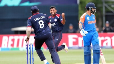 USA's Saurabh Netravalkar celebrates the dismissal of India's Virat Kohli (Surjeet Yadav) USA's Saurabh Netravalkar celebrates the dismissal of India's Virat Kohli (Surjeet Yadav)